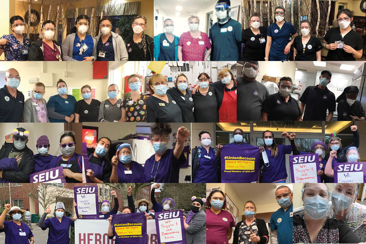 A collage of Avamere nursing home workers in work uniforms wearing 'United for Safe Staffing' stickers